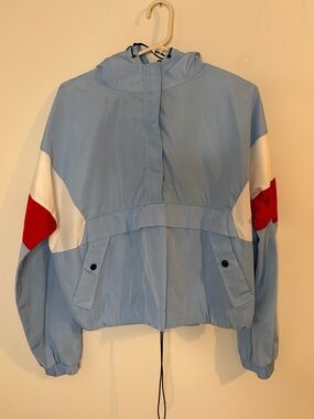 Forever 21 Light Blue Hooded Windbreaker Jacket with Red & White Accents